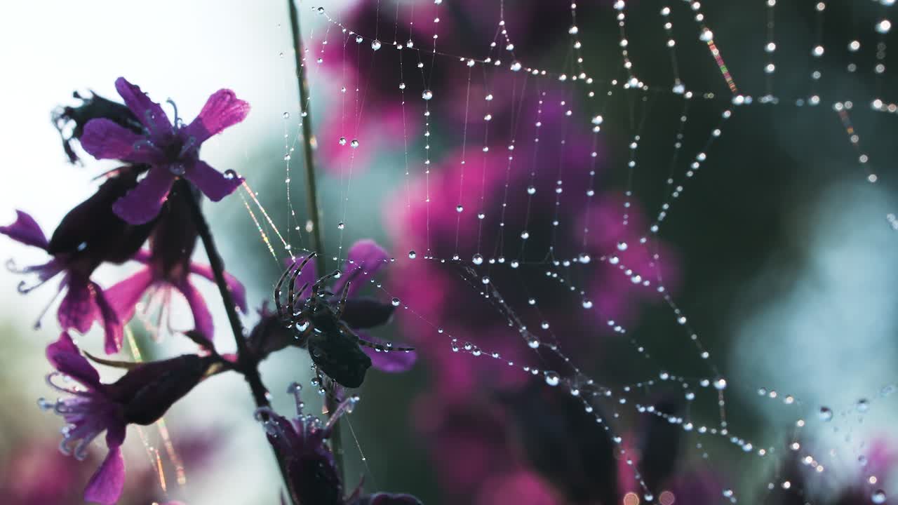 Spider on a dew-covered web amongst purple flowers