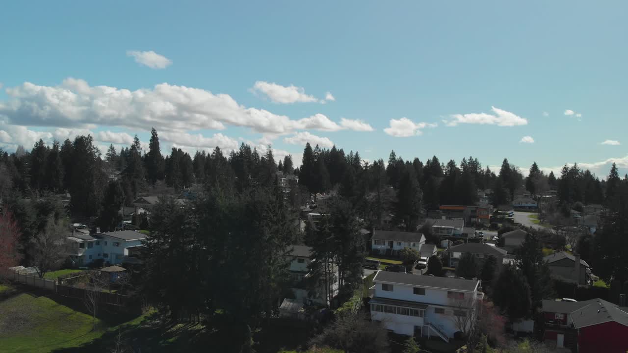hermoso parque de la ciudad en delta bc en un día azul brillante pacífico relajante aéreo amplio ascendente desde el despegue revelando casas vecindario en el sector residencial día brillante cielo azul nubes árboles verdes
