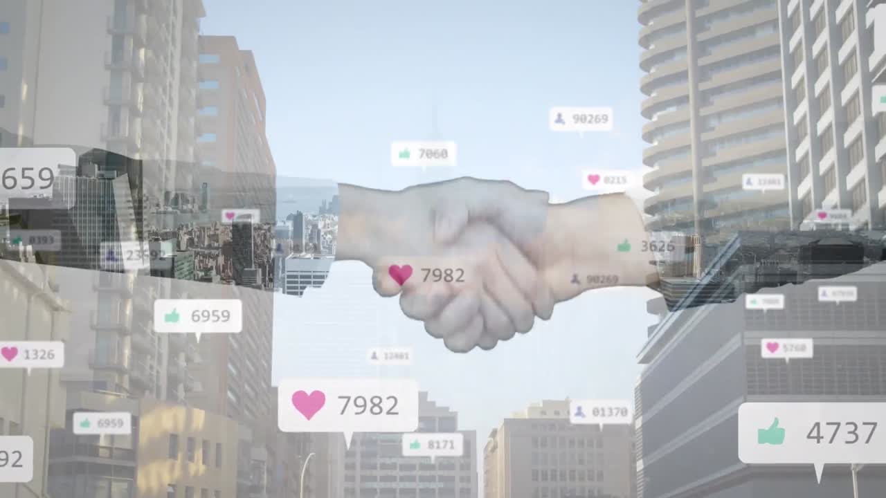 비즈니스맨과 비즈니스맨이 손을 흔들고 있는 중간 섹션 위에 증가하는 숫자를 가진 디지털 아이콘