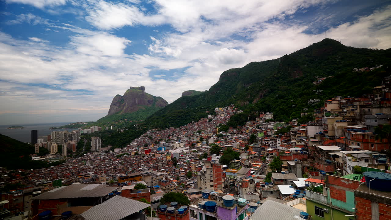 Handheld panning, favela homes, deprived shanty housing communities
