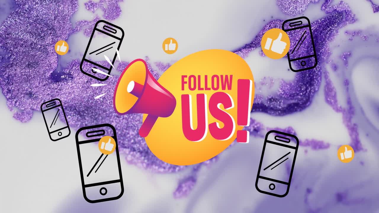 animación de texto de seguimiento con iconos de teléfonos inteligentes en fondo líquido