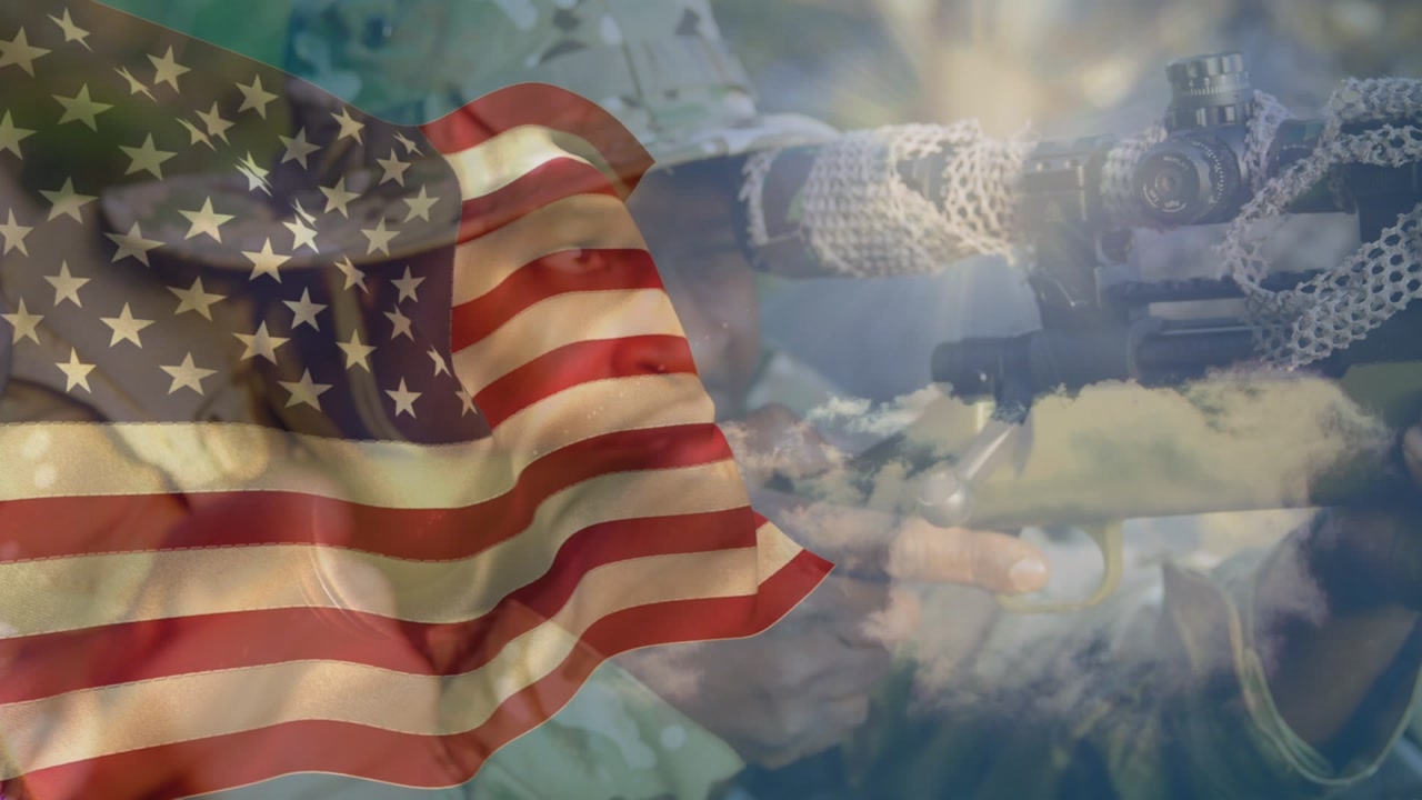 Animation of flag of usa over diverse male soldiers with weapons and binoculars