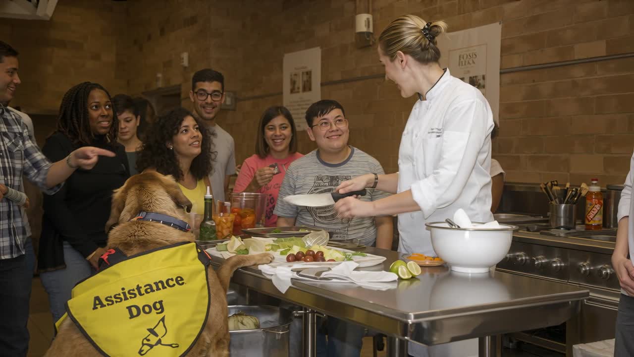 Video verticale: uno chef conduce una dimostrazione di cucina, affetta lime sul bancone, insegna, mentre un cane di servizio annusa.
