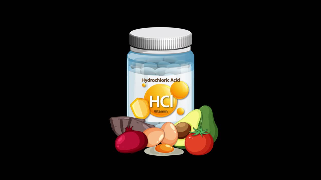 Vitamin supplement bottle gradually surrounded by illustrated food ingredients, smooth transitions, centered composition, black background