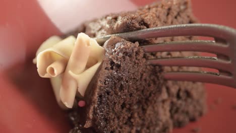 eating chocolate cake with a fork macro shot