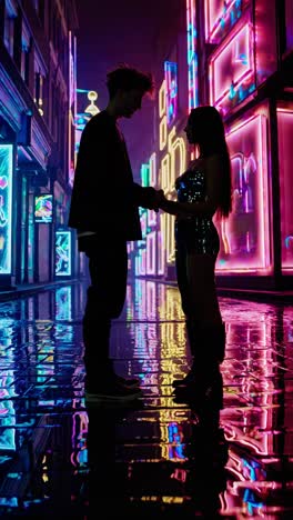 silhouettes of a young couple holding hands, standing in a futuristic city street illuminated by vibrant neon lights, reflected on the wet pavement