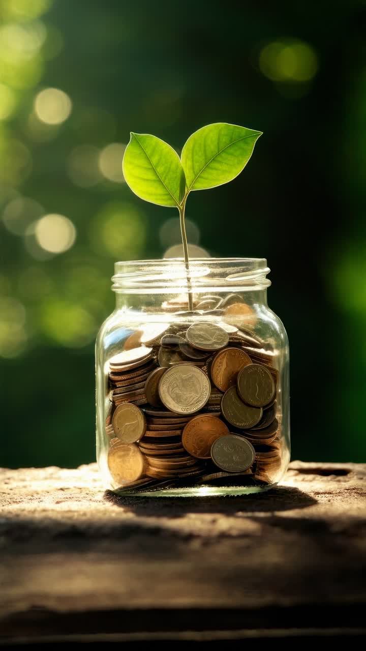 Close-up, eye-level shot of a jar filled with coins and a sprouting plant, symbolizing financial