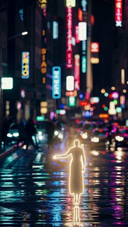 glowing silhouette walking wet city street, neon signs illuminating blurred traffic, generating surreal futuristic urban nightscape with moody cyberpunk aesthetic