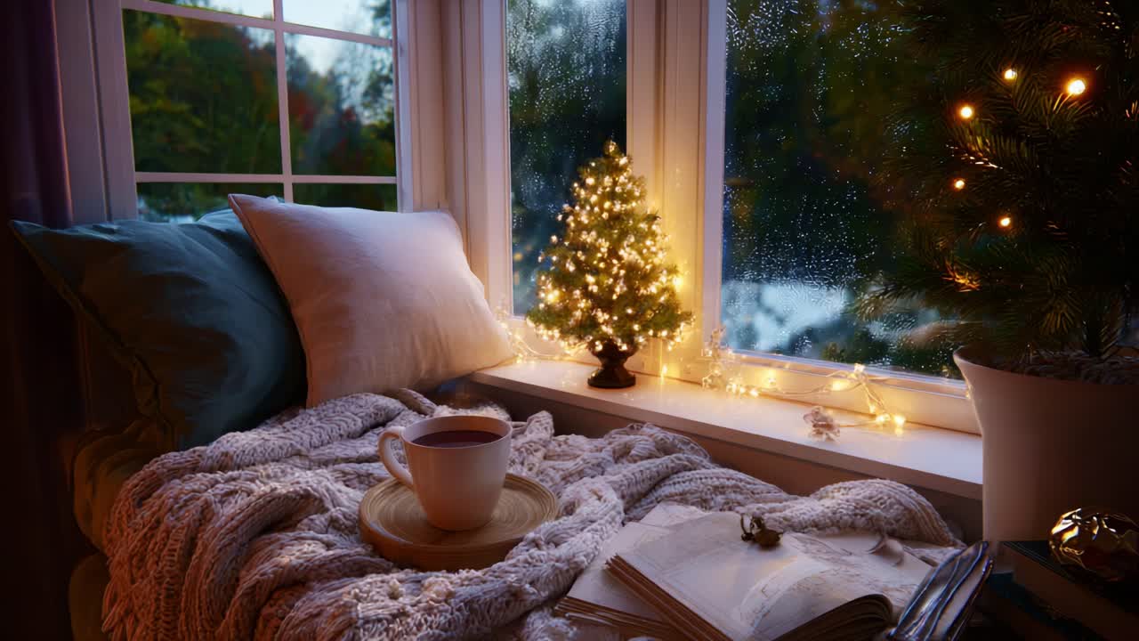 A Cozy and Inviting Evening by the Window with a Warm Drink, Soft Blankets, and a Cheerful Christmas Tree Glowing with String Lights, Perfect for Relaxation and Enjoyment on a Rainy Day