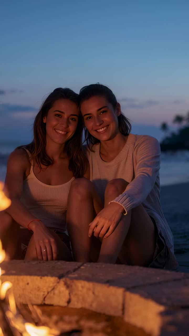 Vídeo vertical: dos mujeres inclinadas en camiseta de tirantes y suéter se acercan en una playa al atardecer, atraídas por una hoguera