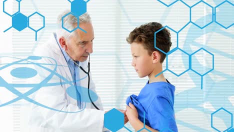 animación de iconos químicos sobre un doctor caucásico sonriente que trata a un paciente