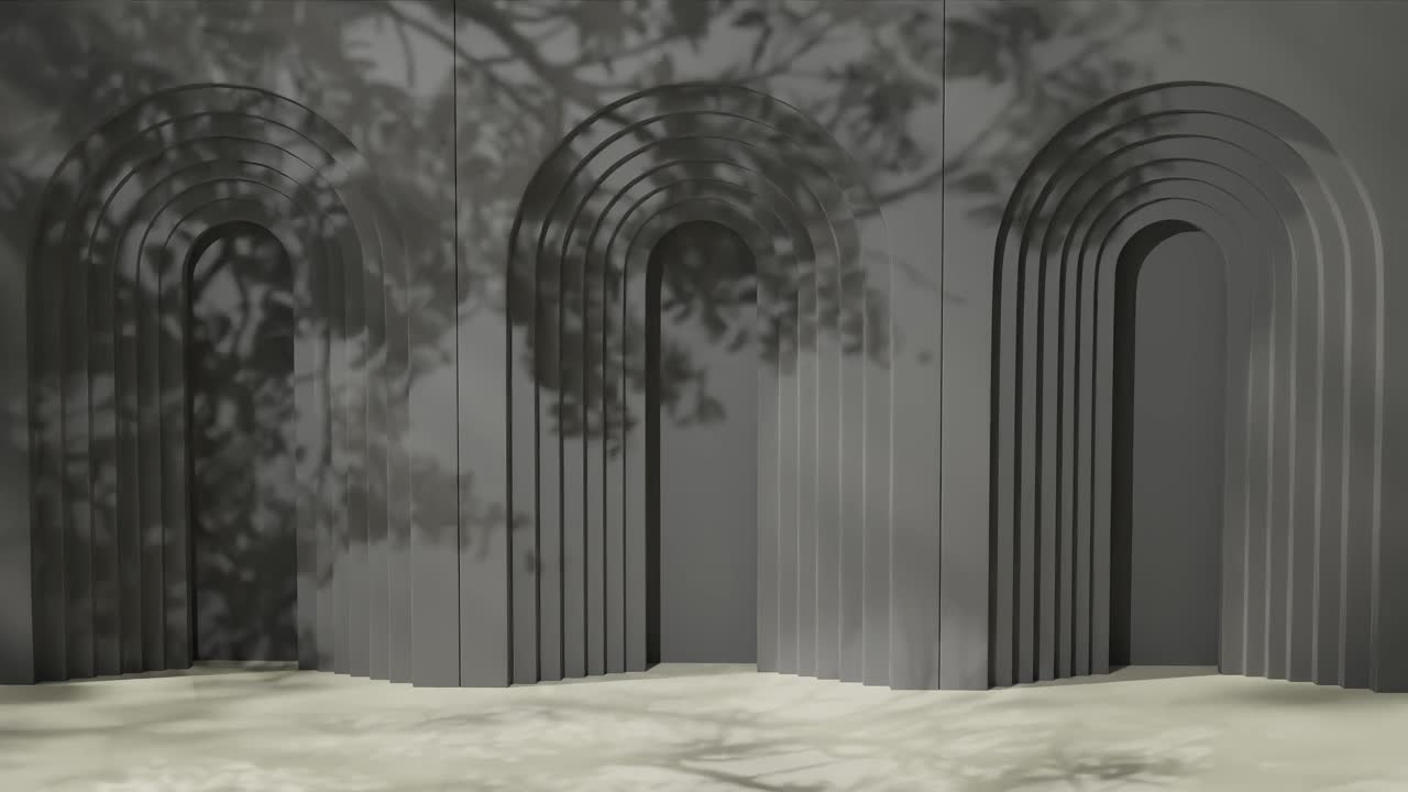 Geometric arched black wall with layered cutouts and shadows of tree branches. 3D architectural background. Design for banner, poster, wallpaper, and header.