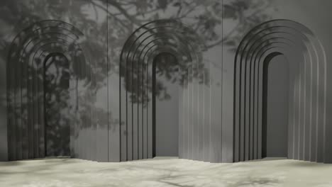 geometric arched black wall with layered cutouts and shadows of tree branches. 3d architectural background. design for banner, poster, wallpaper, and header.