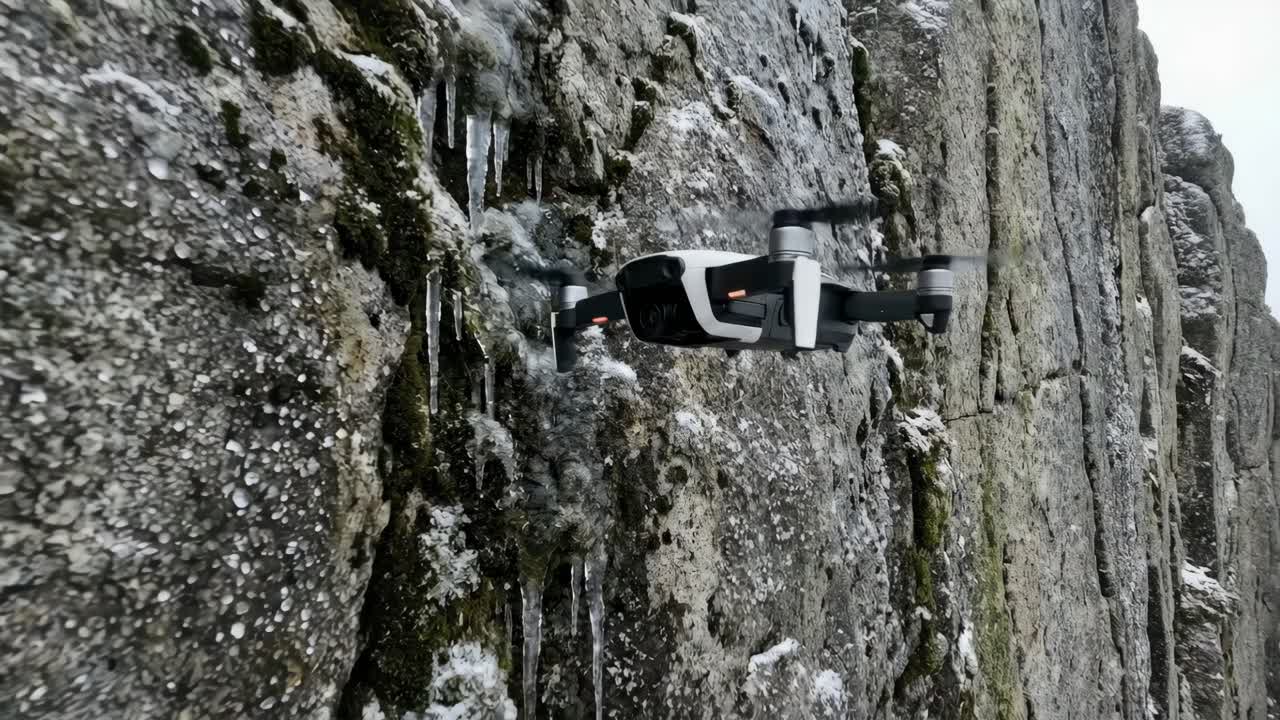 Drone che vola vicino a una montagna rocciosa
