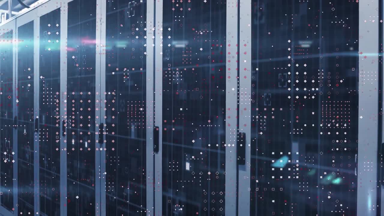 Animation of dots forming geometric shapes and lens flares against server room in background