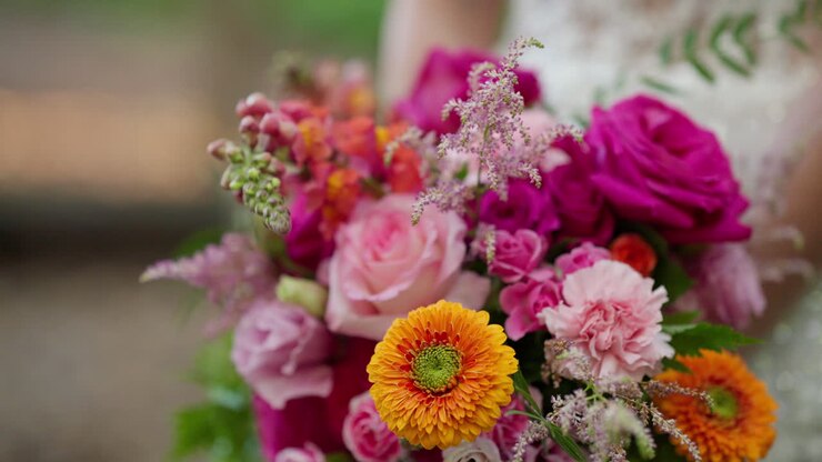 Fiori luminosi e colorati in un bouquet da sposa, rallentatore 4K.