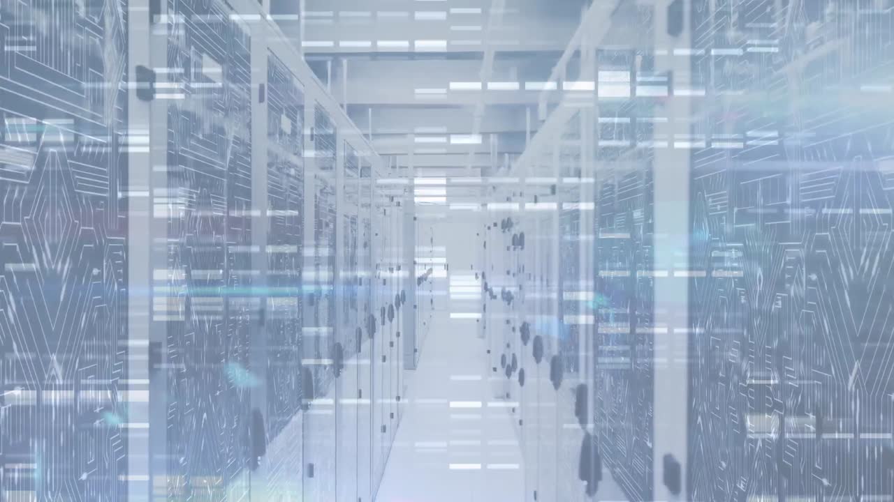 아이콘과 연결의 네트워크, 데이터 처리 및 서버에서 디지털 정보의 애니메이션 r