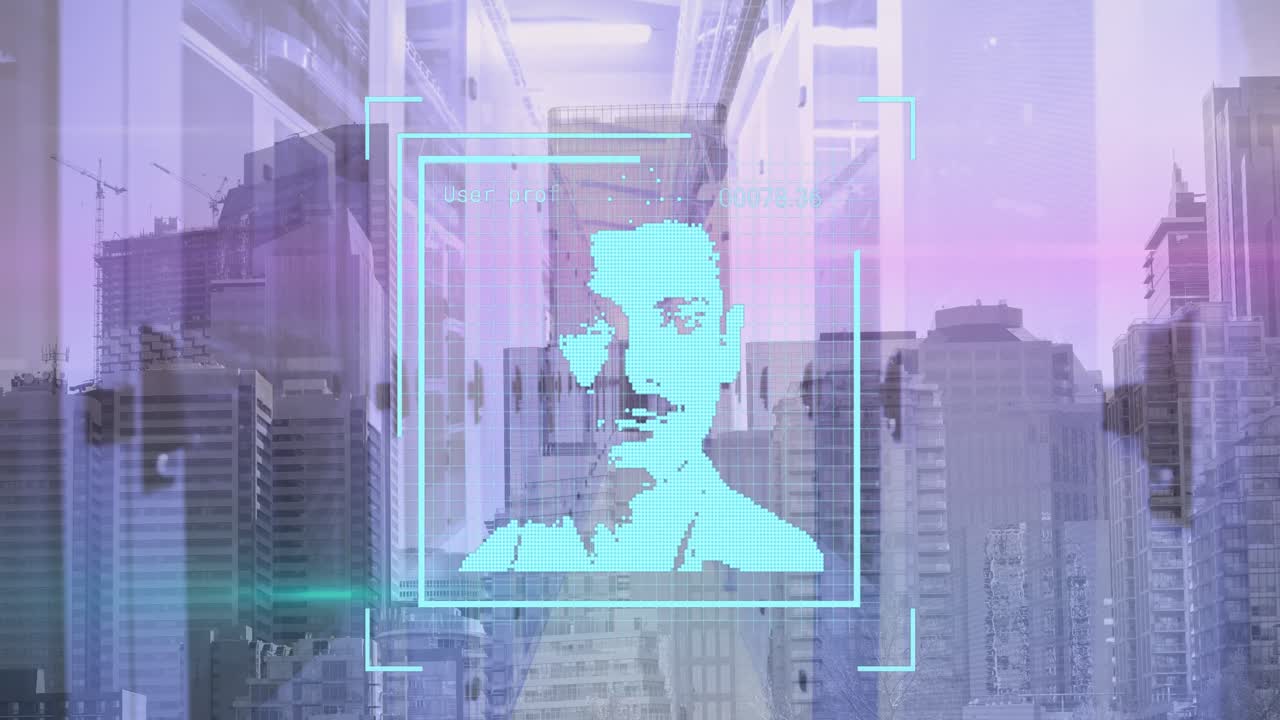 Animation of multiple changing profile icons over tall buildings in background