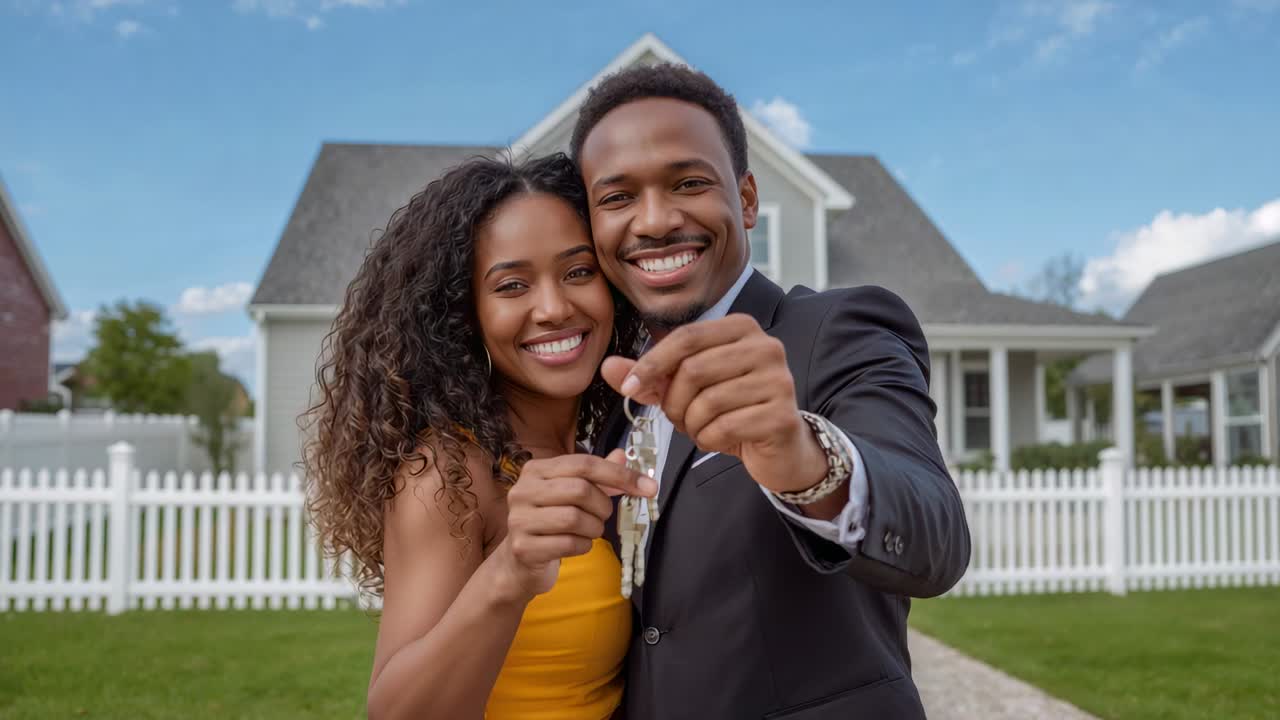 Pulling back camera, couple in suit, yellow dress showing keys in front yard, celebrating home