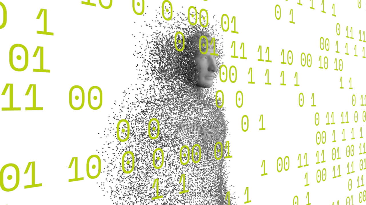 animación de codificación binaria, cuerpo humano con partículas grises que explotan