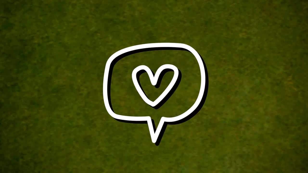 animación de un corazón de neón blanco en una burbuja de habla, sobre un fondo verde oscuro