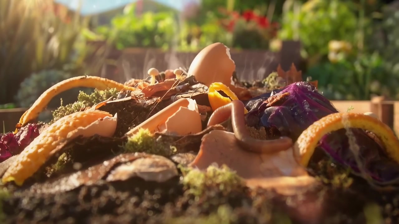 Organic Food Scraps Decomposing in a Steaming Compost Pile
