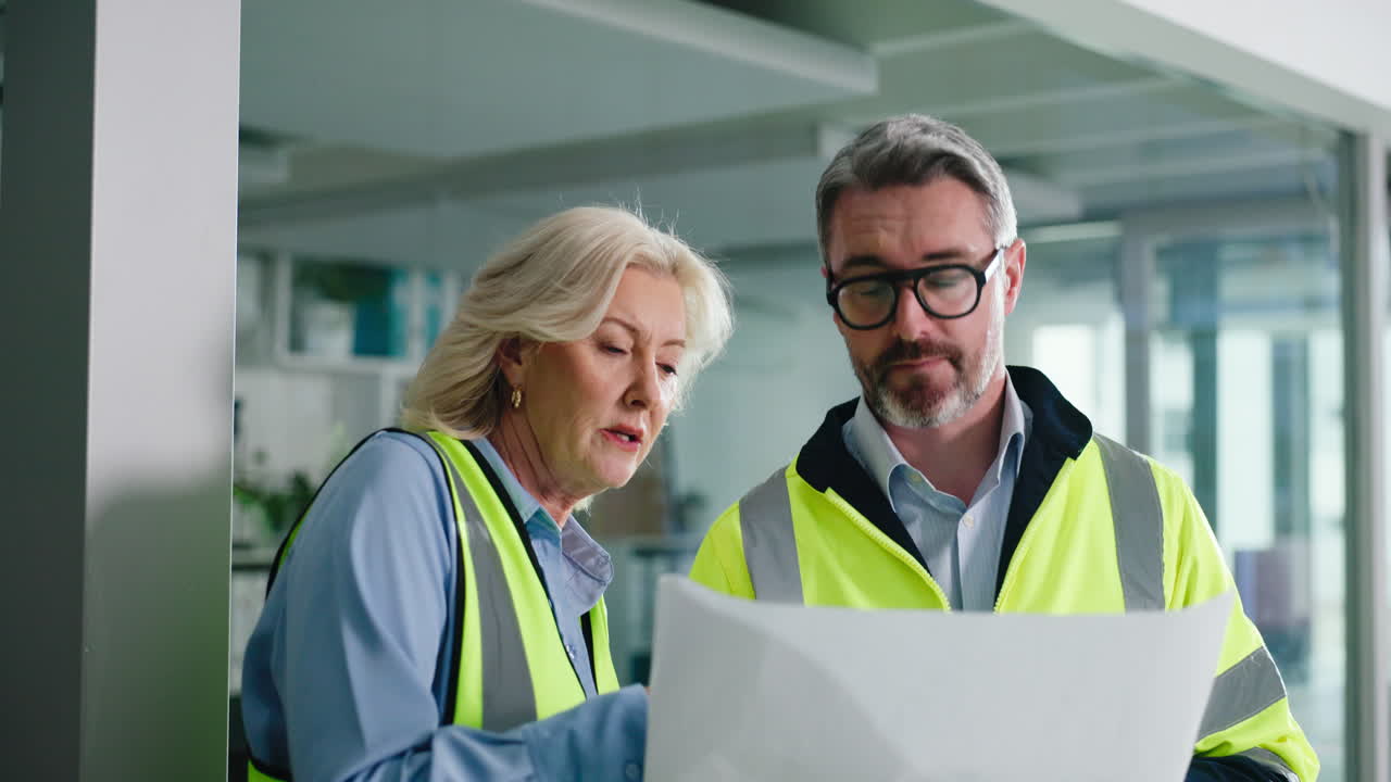 Construction Workers Reviewing Blueprints On Site