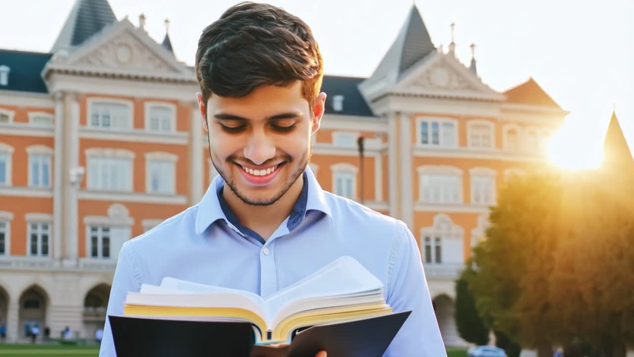 Student reading a book on university campus