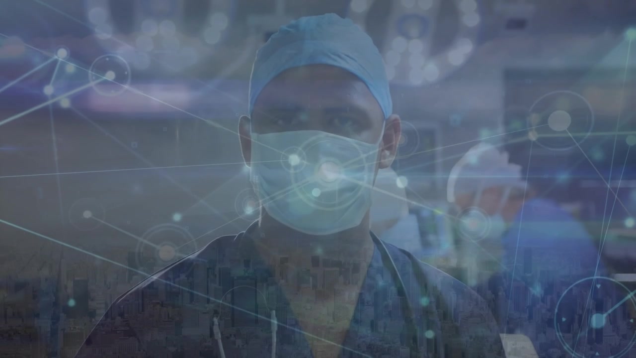 Animazione di una rete di connessioni su un chirurgo uomo in sala operatoria