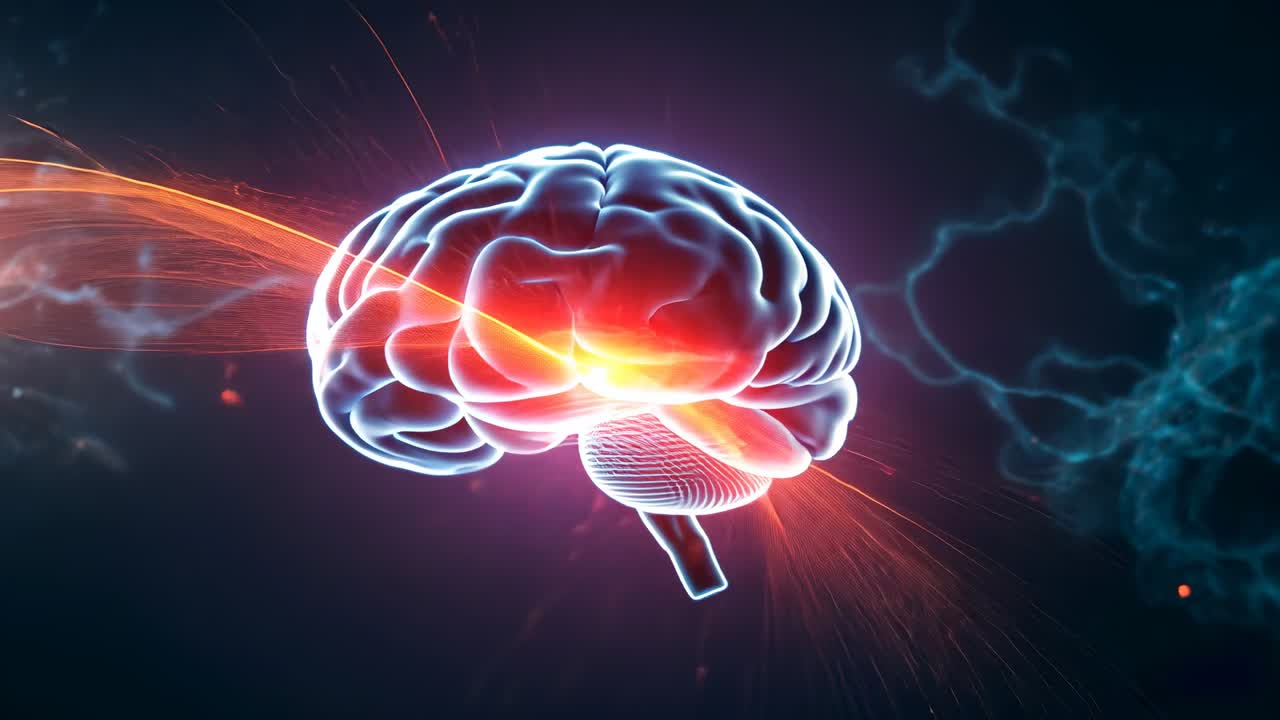 Neon-outlined brain pulsing orange core and rotating in abstract digital space, sparking arcs