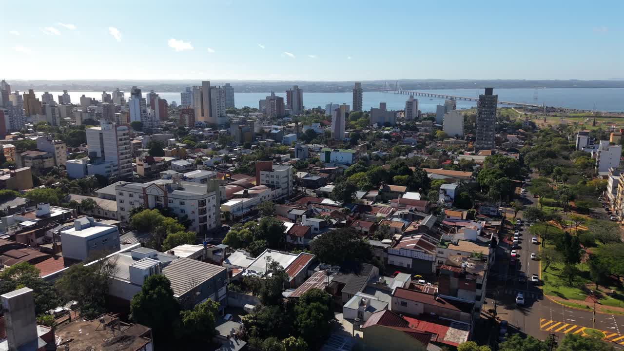 Dense residential area in Posadas with mid-rise buildings and tree lined streets environment, Misiones, Argentina