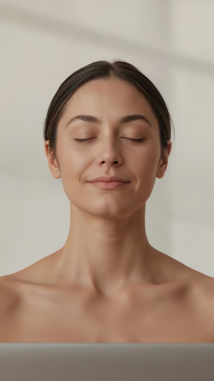 Vertical video: Cam rolling, woman with bare shoulders opening eyes and posing at desk with laptop