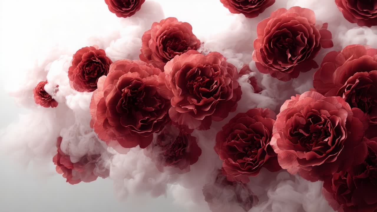 Een prachtige weergave van rode rozen die uit grillige wolken tevoorschijn komen, waarbij de schoonheid van de natuur wordt vermengd met etherische elegantie in een droomachtige setting.