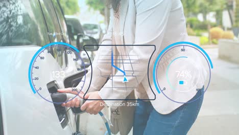 Animation-of-interface-with-charging-battery-icon-and-speedometer-over-woman-fueling-car