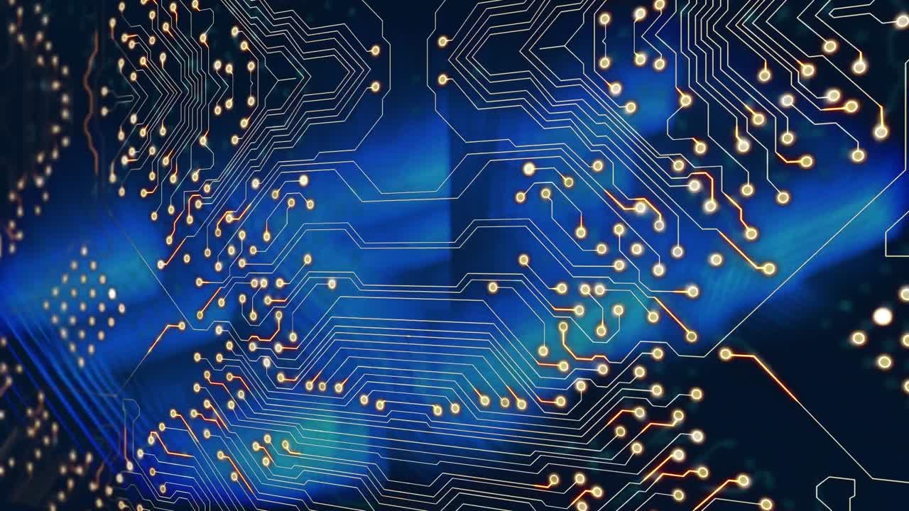 파란색 배경에 대한 파란색 빛 트레일을 통해 마이크로프로세서 연결의 디지털 애니메이션