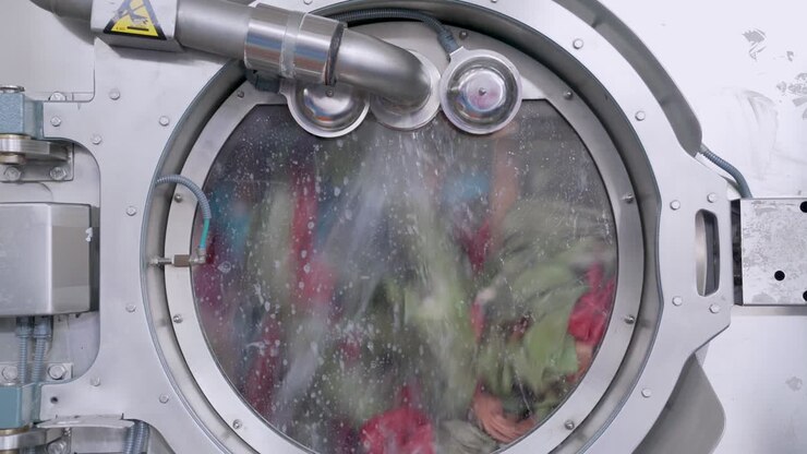 4k Video of industrial washing machine is washing a big amount of textiles
