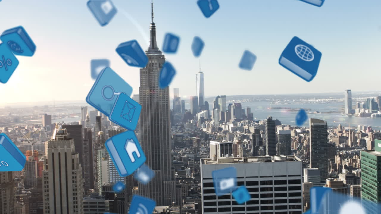 도시 풍경 위의 미디어 아이콘의 애니메이션