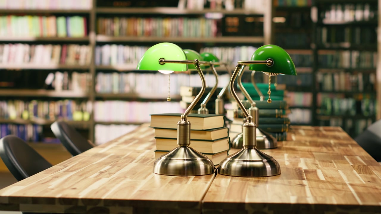 Empty university library with a stack of books and green lamp at desk