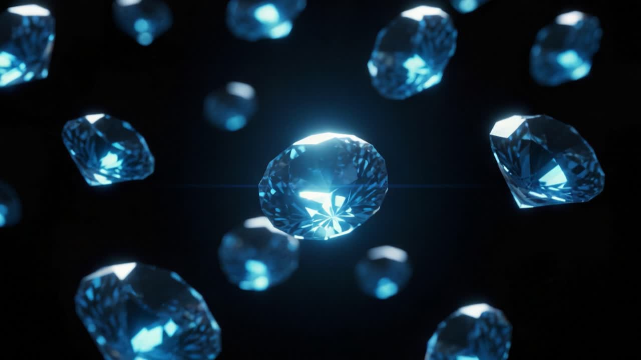 A Stunning Display of Shimmering Blue Diamonds Floating in a Dark Background, Capturing Light and Elegance with Their Brilliant Cut and Colorful Reflections