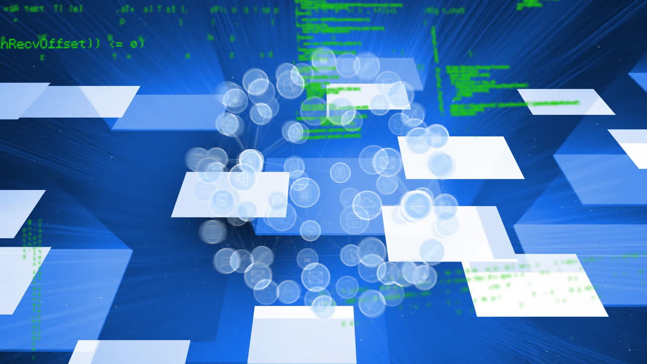 파란색 디지털 배경 위에 상호 연결된 아이콘과 데이터 처리 애니메이션