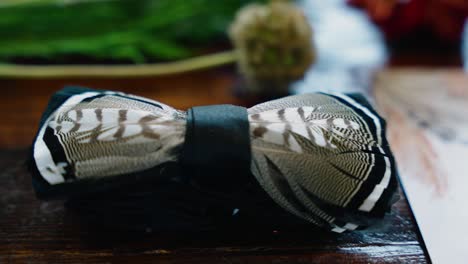 close-up rack focus shot of a unique duck feather bow tie, part of the groom’s wedding attire at a fall wedding in south georgia.