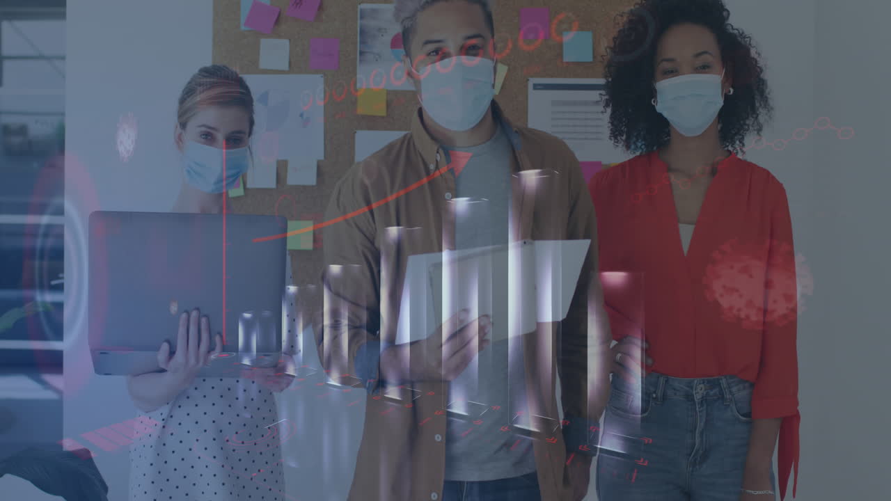 Animation of digital interface showing statistics with colleagues in office wearing face masks
