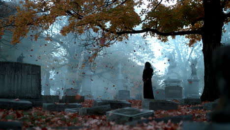 a woman dressed in black stands in a cemetery