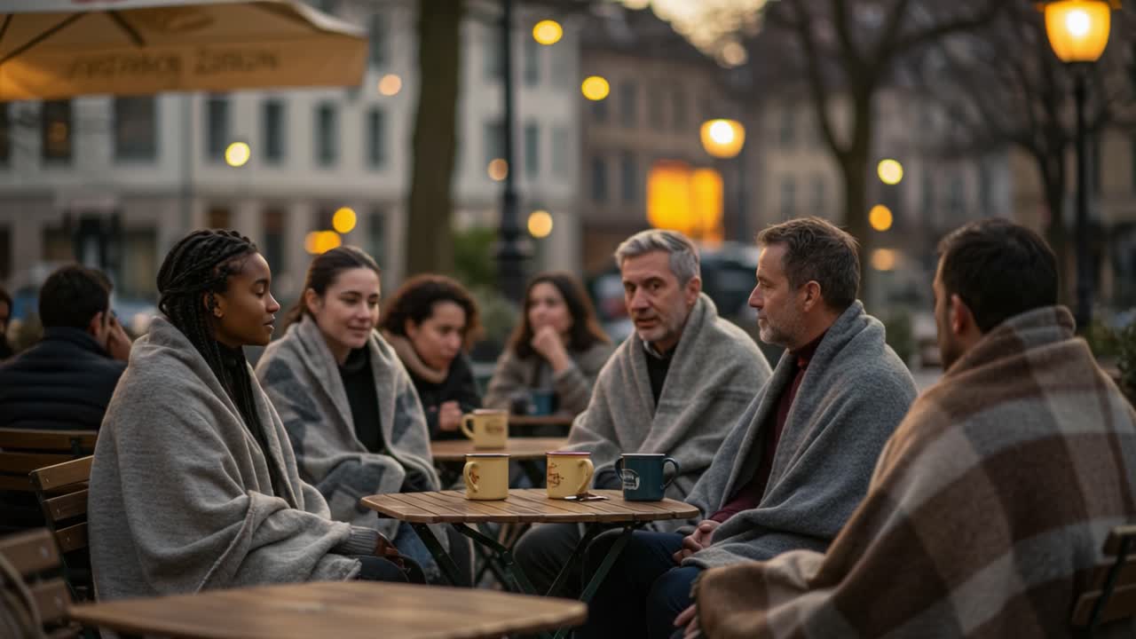 A Cozy Evening Gathering: Friends Engaging in Meaningful Conversations While Wrapped in Warm Blankets at a Charming Outdoor Café
