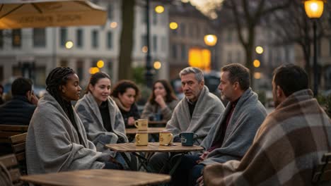 a cozy evening gathering: friends engaging in meaningful conversations while wrapped in warm blankets at a charming outdoor café