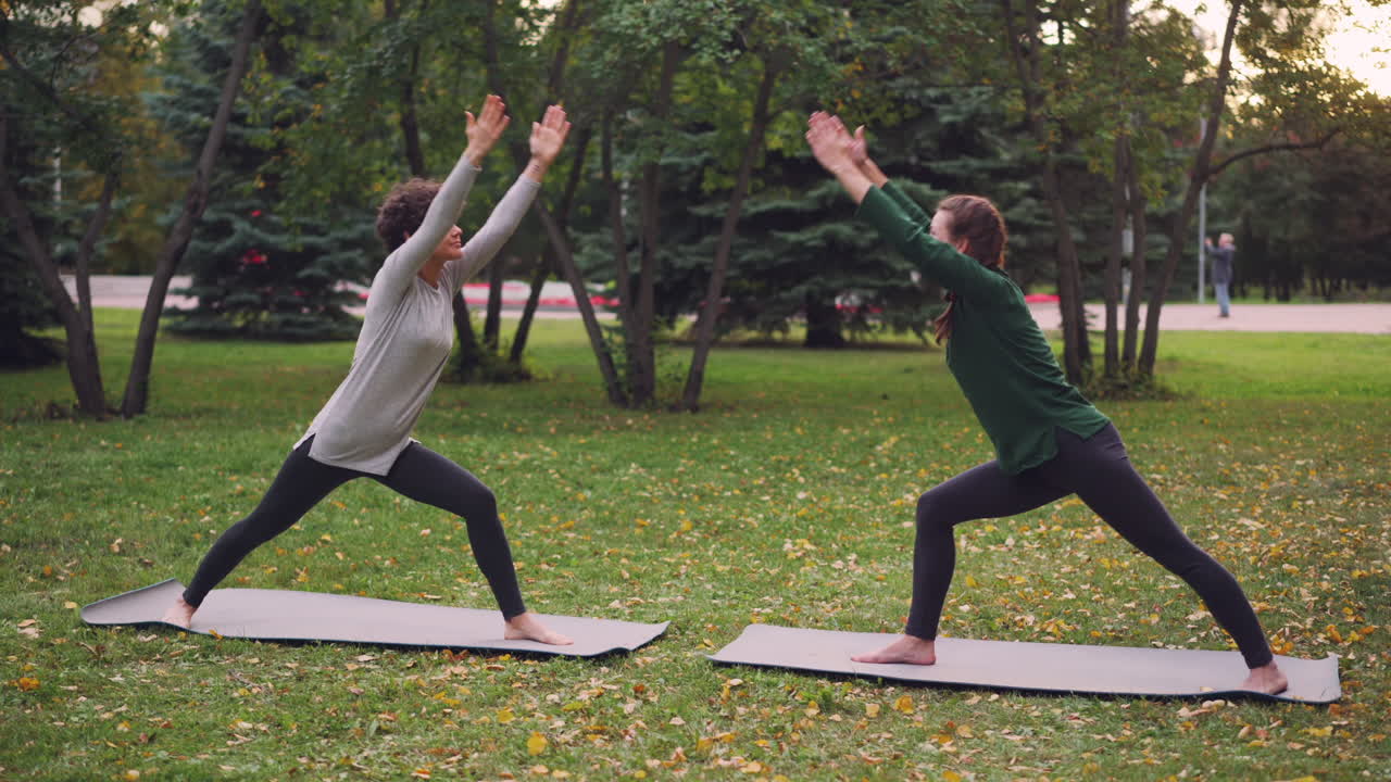 Kaksi naista joogaamassa ulkona puistossa