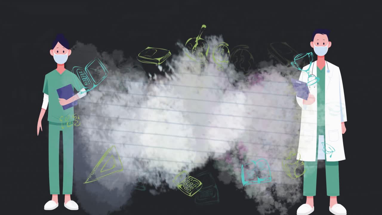 의사와 간호사의 애니메이션 화살표, 연기, 학교 용품 예술과 검은 바탕.