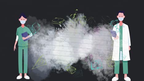 animación de médico y enfermera dibujando con flechas, humo, suministros escolares arte sobre fondo negro.