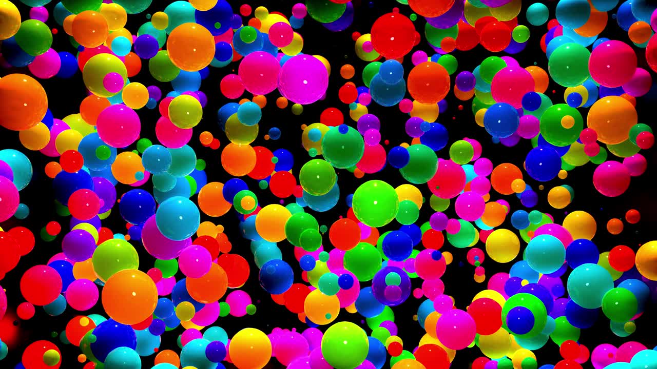 composición abstracta de bolas de colores en el aire, que se iluminan al azar y se reflejan entre sí. esferas multicolores en el aire como simple fondo oscuro geométrico con efectos de luz.