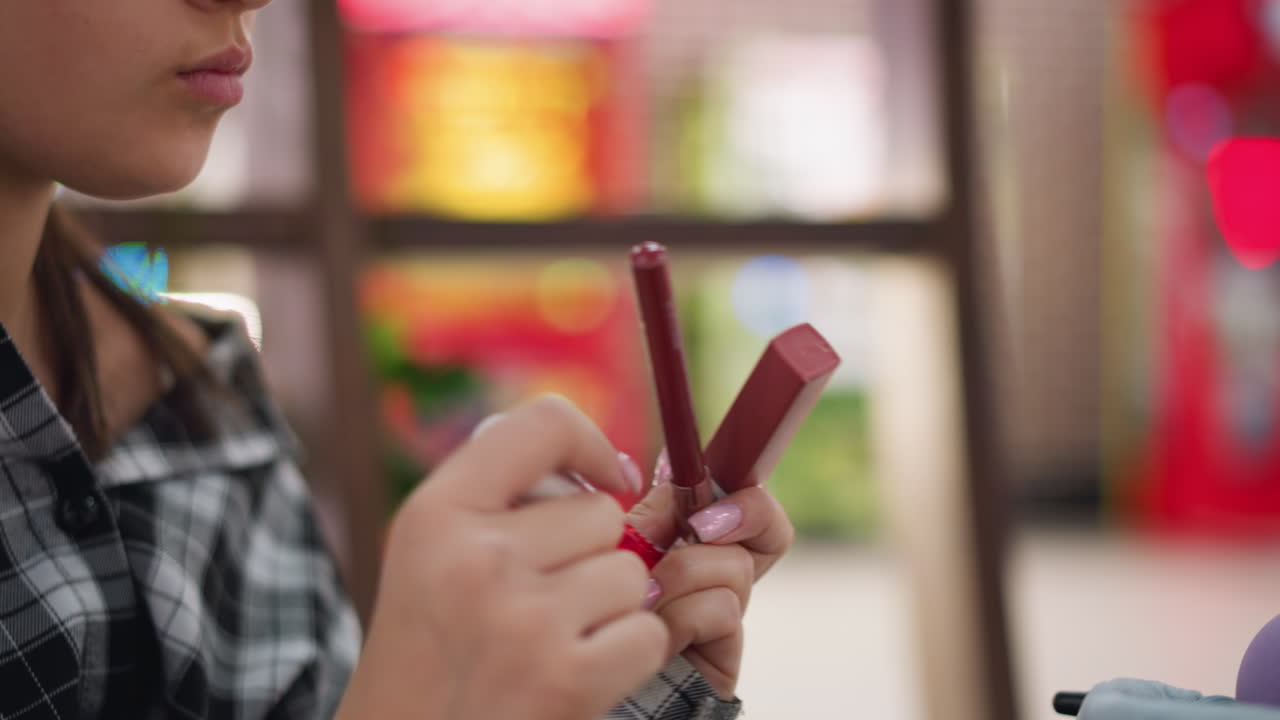 la joven artista examina cuidadosamente tres productos de maquillaje diferentes en sus manos, contemplando cuál usar, su expresión enfocada y sus uñas bien cuidadas resaltan la belleza